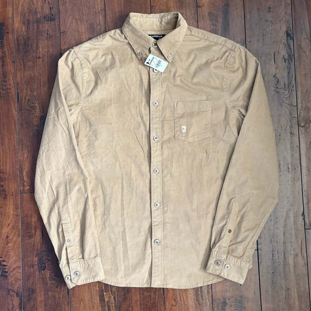 Express Corduroy Button Down Shirt Mens S Beige Solid Long Sleeve NWT